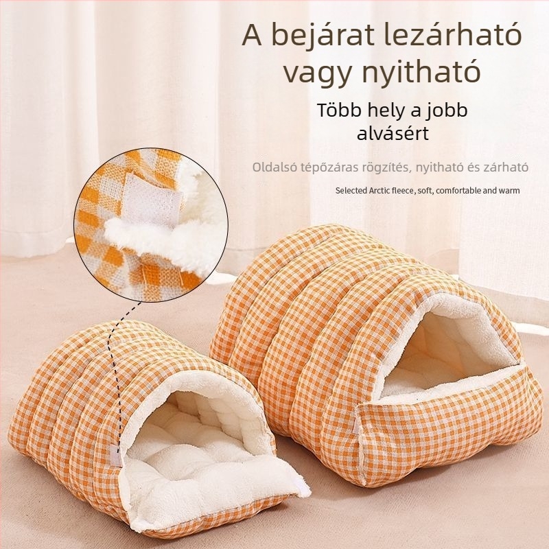 Zárt fekhely macskáknak és kistestű kutyáknak, téli meleg, négy évszakos használat, levehető és mosható huzat