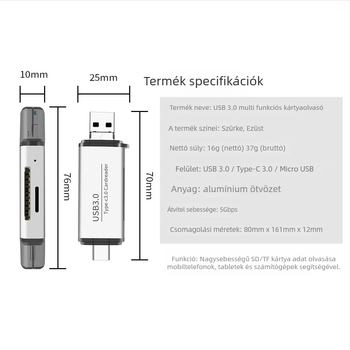 ADS-101 USB 3.0 többfunkciós kártyaolvasó SD/TF, alumíniumötvözet ház, USB-C/USB/Micro USB csatlakozók