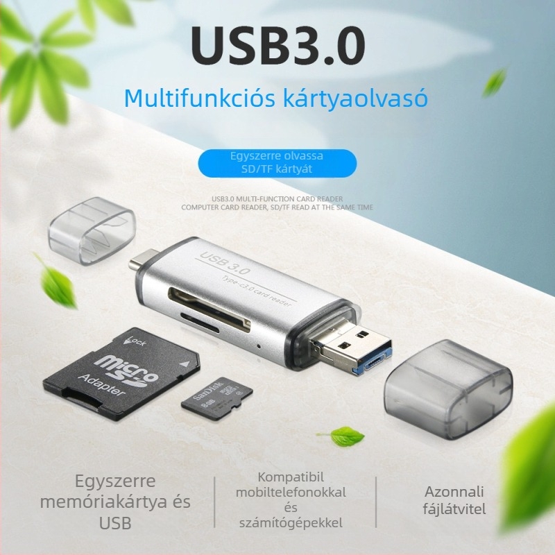 ADS-101 USB 3.0 többfunkciós kártyaolvasó SD/TF, alumíniumötvözet ház, USB-C/USB/Micro USB csatlakozók