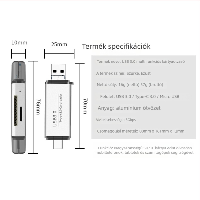 ADS-101 USB 3.0 többfunkciós kártyaolvasó SD/TF, alumíniumötvözet ház, USB-C/USB/Micro USB csatlakozók