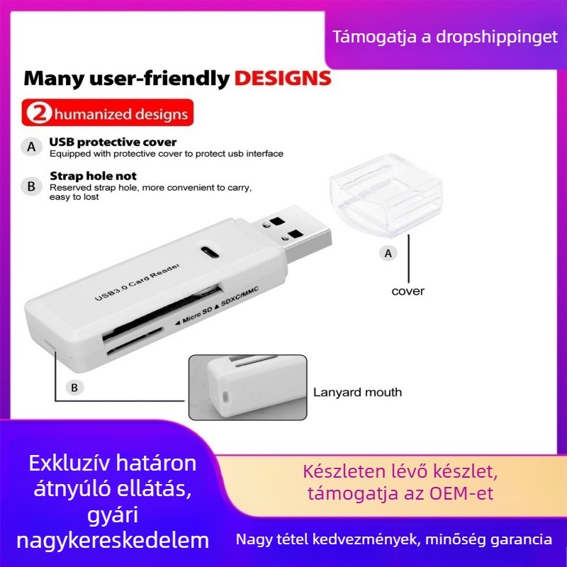USB 3.0 kártyaolvasó SD- és TF-kártyákhoz (microSD), külső, 2-in-1 adatátvitel