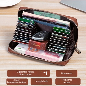 Hosszú, valódi bőrből készült férfi pénztárca, több kártyahely, nagy kapacitás, két rétegű tehénbőrrel, bi-fold dizájn, csalás elleni védelem