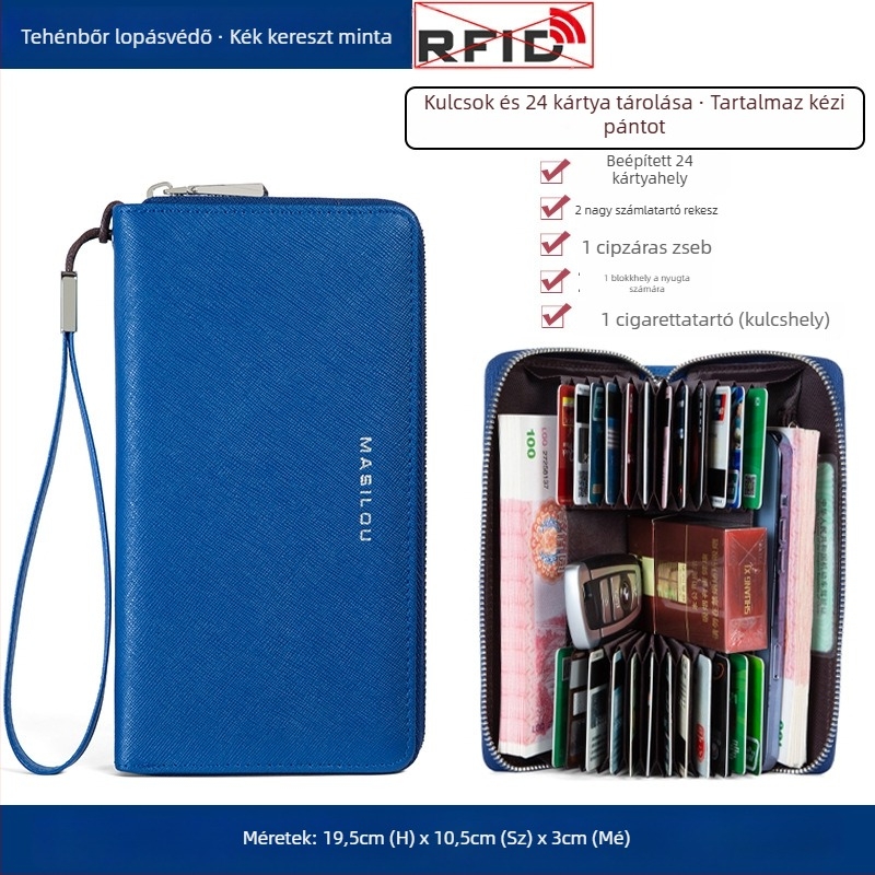 Hosszú, valódi bőrből készült férfi pénztárca, több kártyahely, nagy kapacitás, két rétegű tehénbőrrel, bi-fold dizájn, csalás elleni védelem