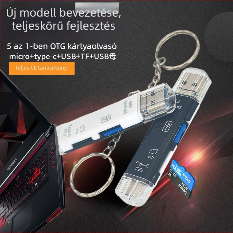 Öt az egyben OTG kártyaolvasó Type-C, Micro USB és USB interfészekkel; TF kártya és USB pendrive támogatás