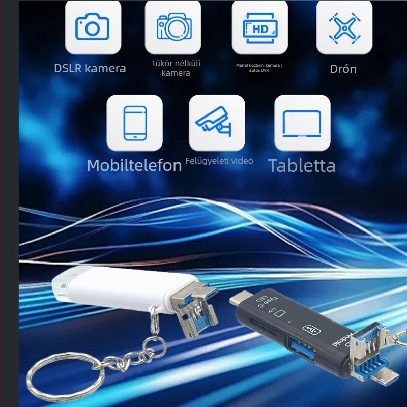 Öt az egyben OTG kártyaolvasó Type-C, Micro USB és USB interfészekkel; TF kártya és USB pendrive támogatás