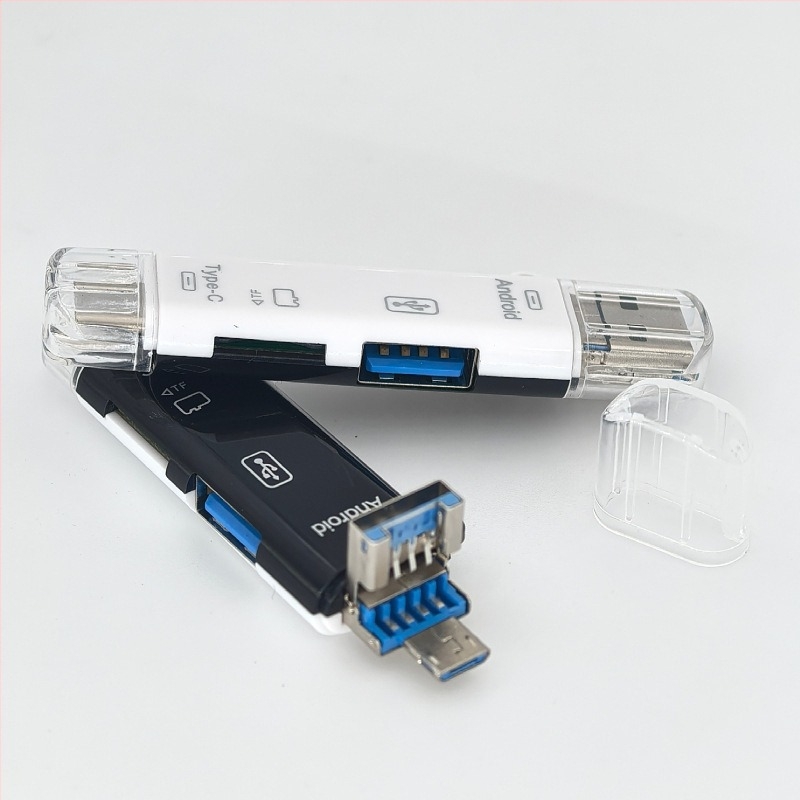 Öt az egyben OTG kártyaolvasó Type-C, Micro USB és USB interfészekkel; TF kártya és USB pendrive támogatás