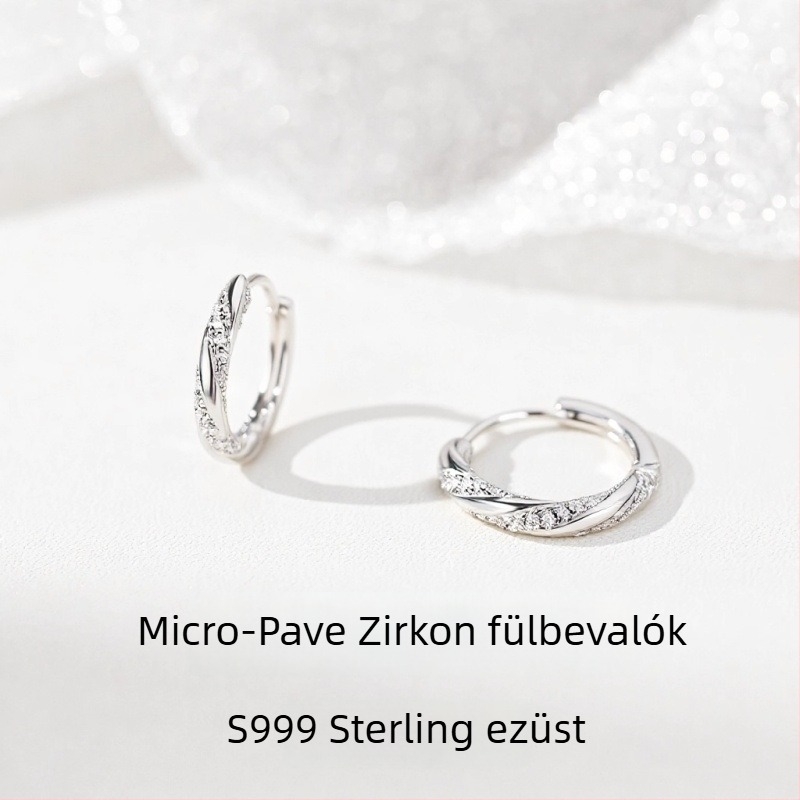 S999 ezüst fülbevalók mikro pavé cirkóniákkal, nőknek, spirálisan tekeredő textúra, geometriai dizájn