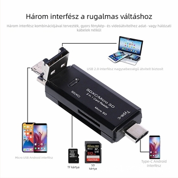 HX-518 3 az 1-ben kártyaolvasó okosteleekhez, számítógépekhez és kamerákhoz – SD/TF/MicroSD, USB 2.0, USB-C Android kompatibil, ABS