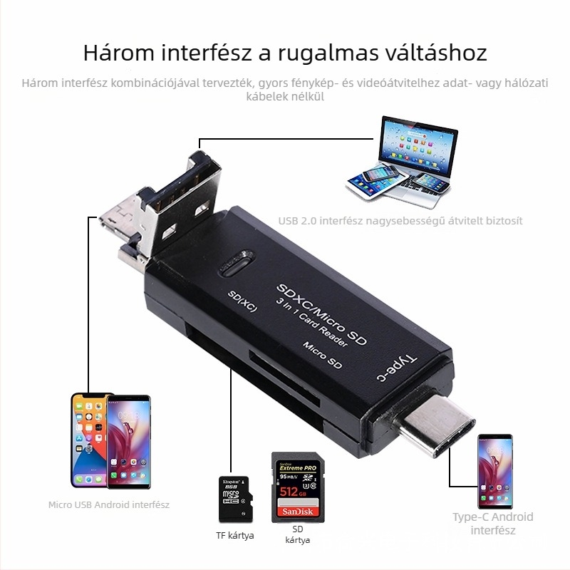 HX-518 3 az 1-ben kártyaolvasó okosteleekhez, számítógépekhez és kamerákhoz – SD/TF/MicroSD, USB 2.0, USB-C Android kompatibil, ABS