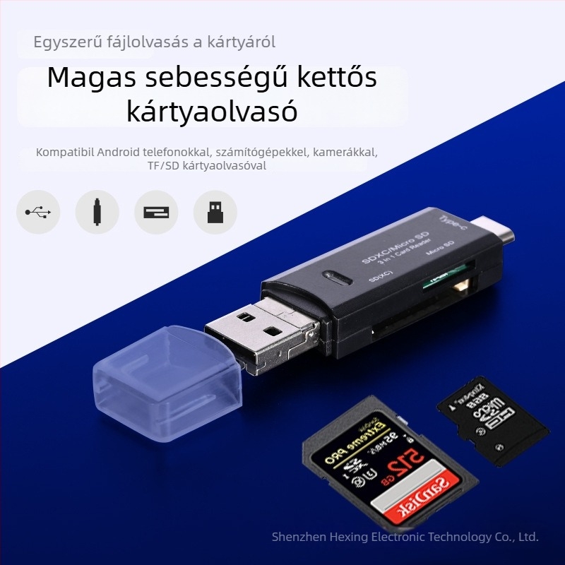 HX-518 3 az 1-ben kártyaolvasó okosteleekhez, számítógépekhez és kamerákhoz – SD/TF/MicroSD, USB 2.0, USB-C Android kompatibil, ABS