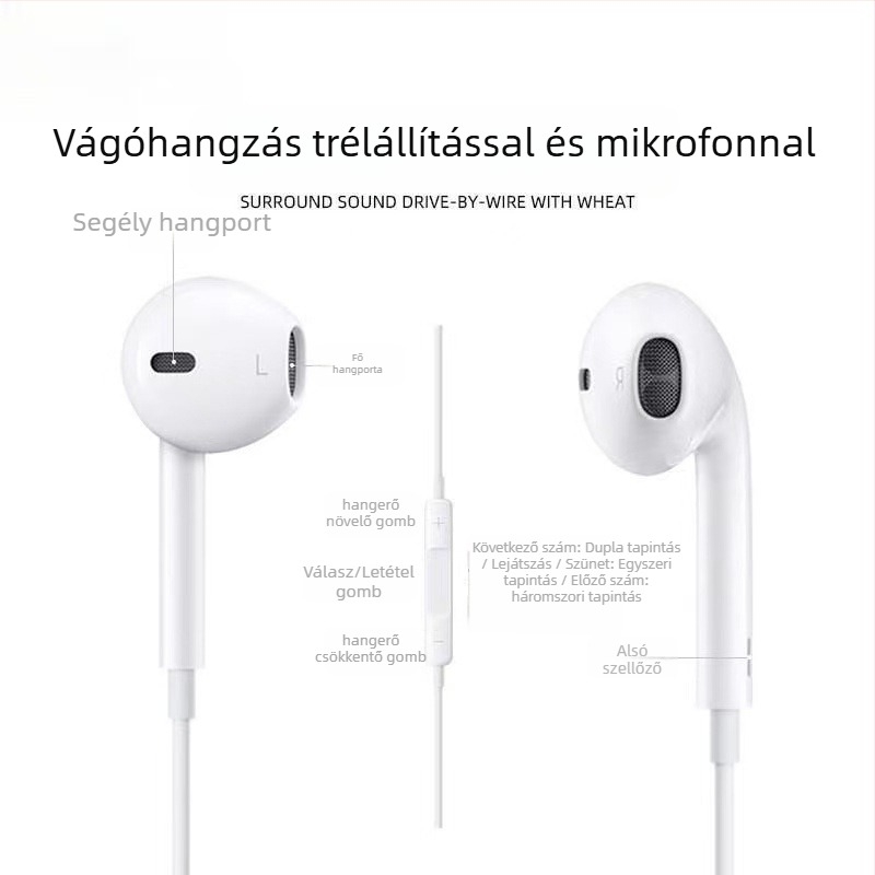 In-ear vezetékes fejhallgató, 1,2 m kábellel, iOS-kompatibilis, plug-and-play