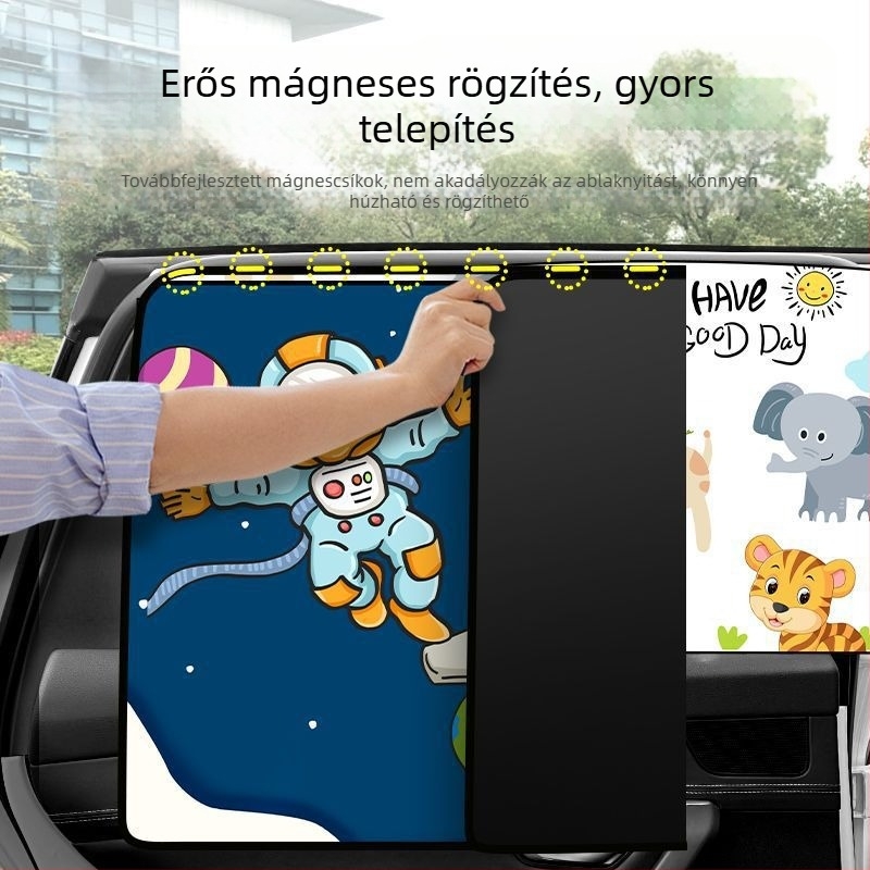 Mágneses autós napszemvédő árnyékoló függöny oldalsó ablakokra, karikatúra stílusú belső árnyékoló, univerzális illesztés, blackout anyag