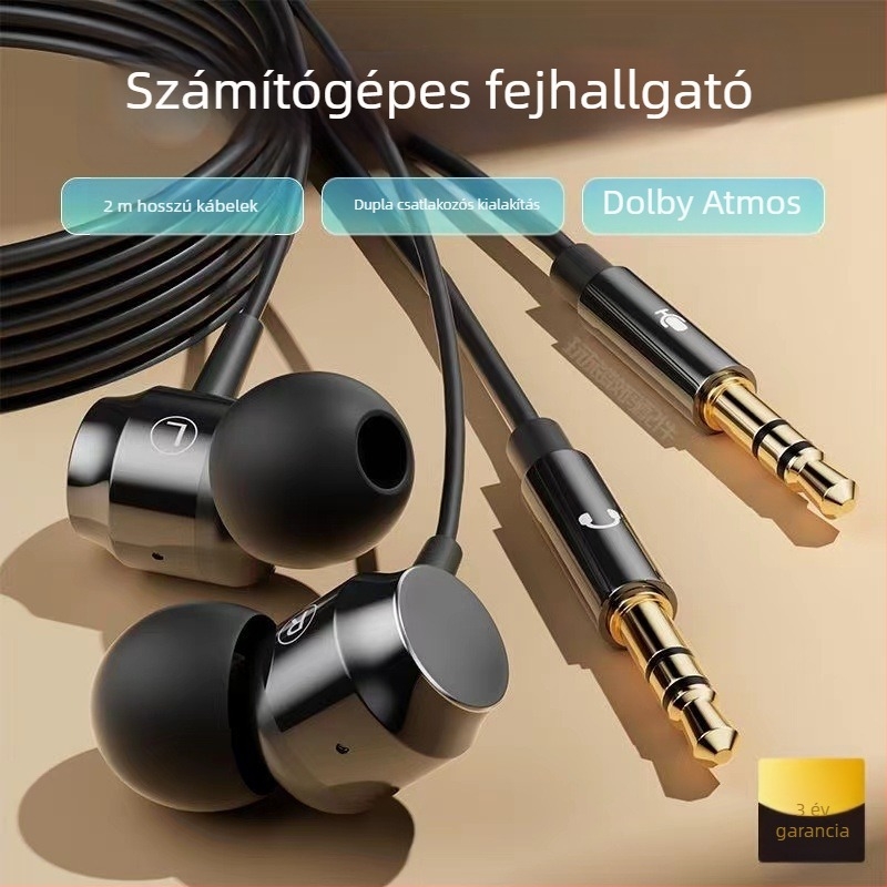 Vezetékes PC fülhallgató, modell S5, dinamikus meghajtóval, 2–3 m kábel, érzékenység 106 dB