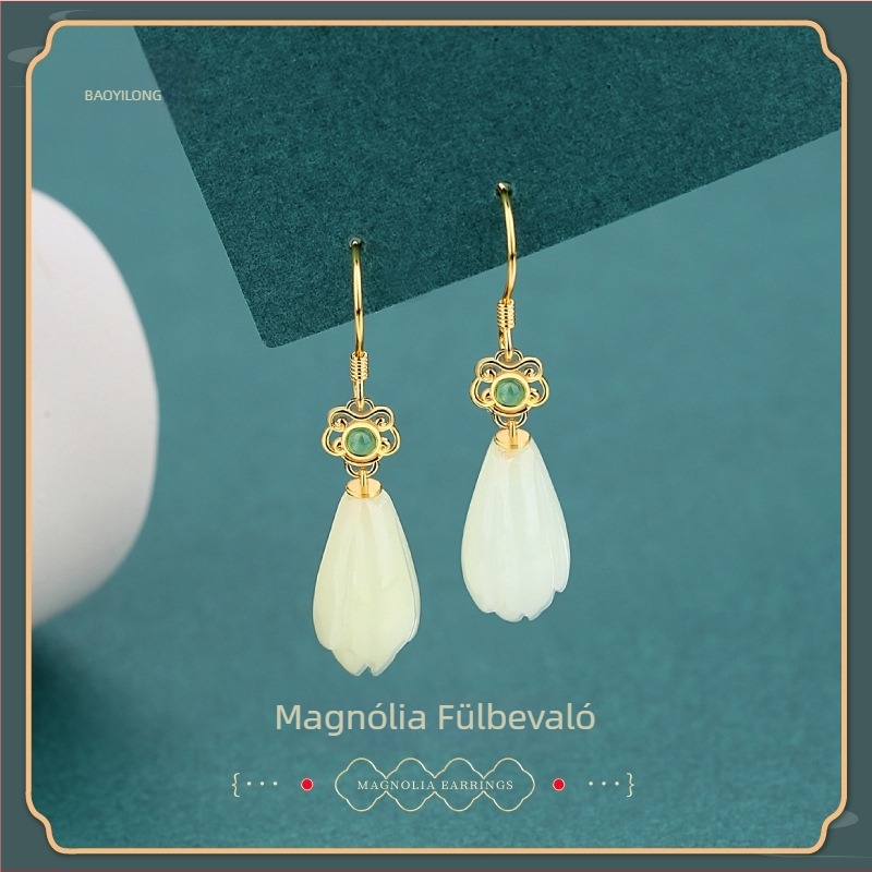 Magnólia virág motívumos 925 ezüst fülbevalók Hetian jade-dal, kínai stílusú Hanfu