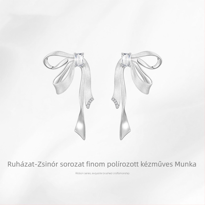 Bojtos fülbevaló masni formában cirkóniával, eredeti tervezésű Ribbon sorozat, réz alap, 925-ös ezüst posts