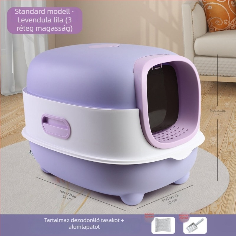 Teljesen zárt, nagy méretű macskaalomtálca anti-fröccsenés elleni kialakítással, levehető, automata szagtalanítással és UV sterilizálással.