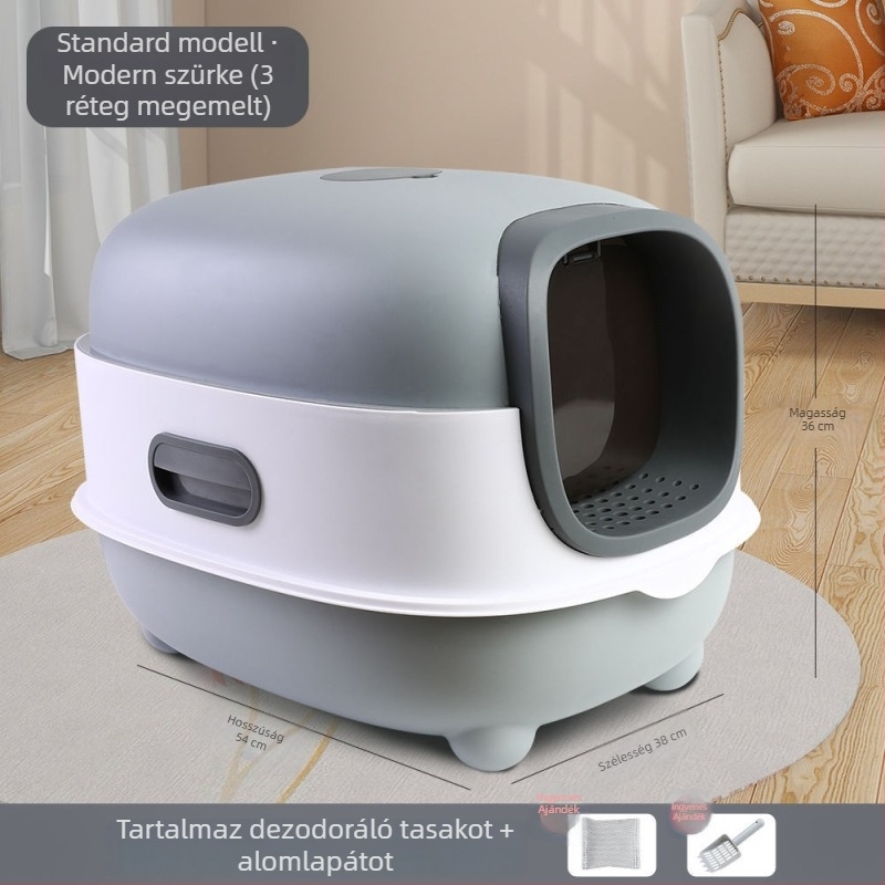 Teljesen zárt, nagy méretű macskaalomtálca anti-fröccsenés elleni kialakítással, levehető, automata szagtalanítással és UV sterilizálással.