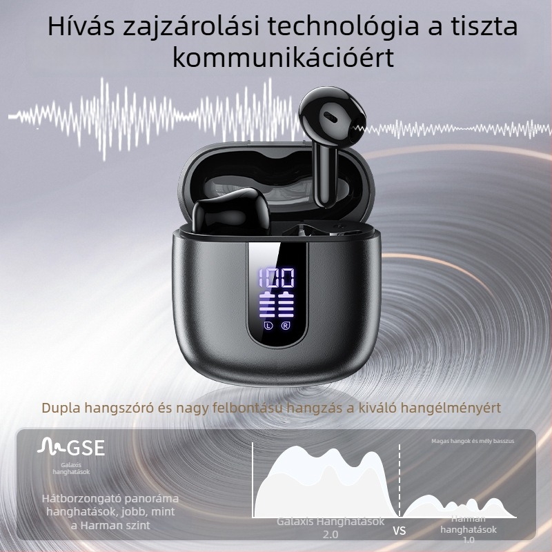 Vezeték nélküli fülhallgató Bluetooth 5.3, autonómia 4–8 óra, zajcsökkentés, digitális kijelző, 10 m hatótávolság