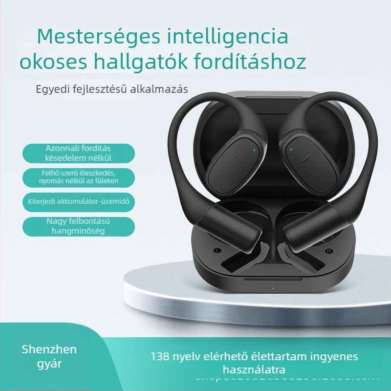 AI Fordítási Fülhallgató Konferenciákhoz — valós idejű értelmezés, többnyelvű fordítás, Bluetooth 5.3, fülhorgos viselés, érintéses vezérlés, modell V1