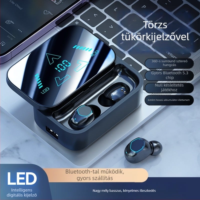 M48 vezeték nélküli in-ear fülhallgató digitális kijelzővel, Bluetooth 5.4, IPX4, sztereó, 15 m hatótávolság