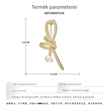 Rézből készült bros, szalagcsomó mintázat, mikro pavé cirkónium, édesvízi gyöngy dísz, nőknek