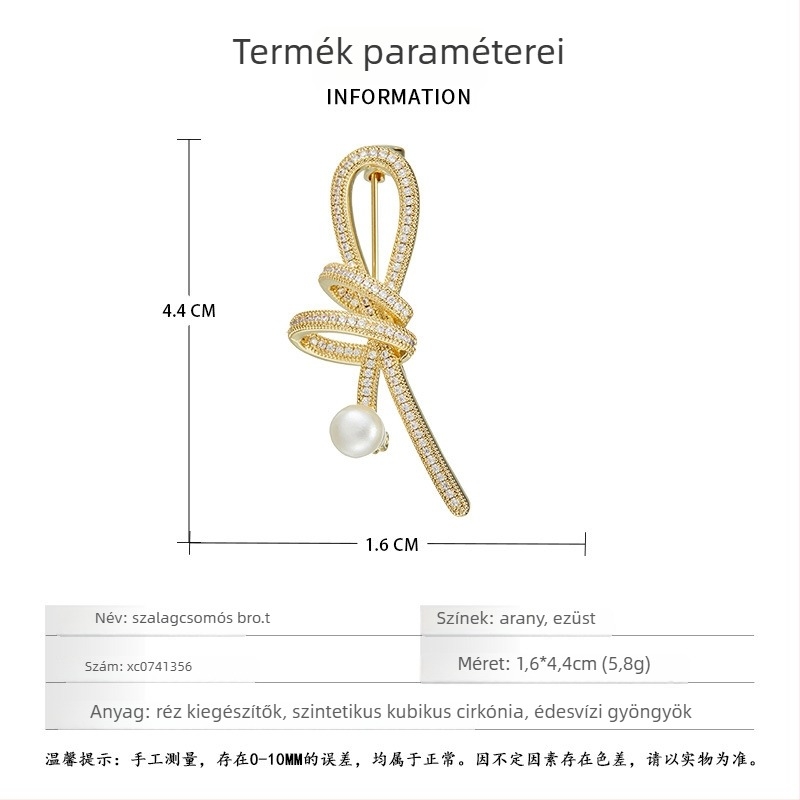 Rézből készült bros, szalagcsomó mintázat, mikro pavé cirkónium, édesvízi gyöngy dísz, nőknek