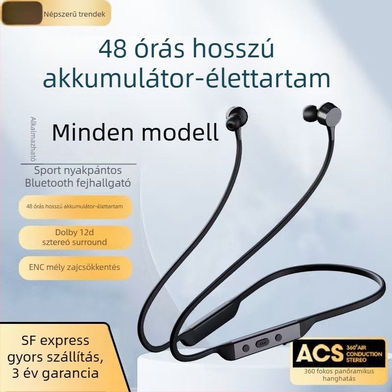 Nyakpántos Bluetooth fejhallgató 5.0 — zajszűrés, 8+ óra üzemidő, 10 m hatótáv, IPX4 vízálló, sztereó hang