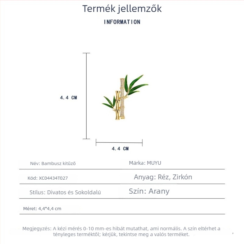 Réz kitűző, bambusz összekapcsolás, kínai stílus, virág motívum, mikroinlay