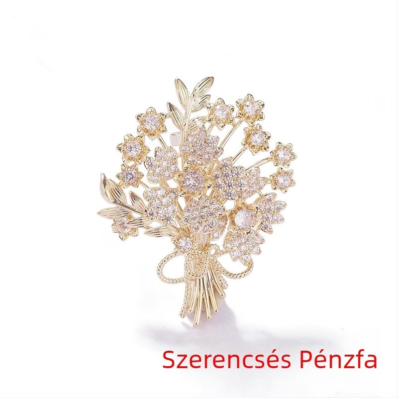 Kitűző Szerencsefa mintával, virág- és levél motívum, anyag: cink‑ötvözet, felületkezelés: elektroplatolás, stílus: pásztorális