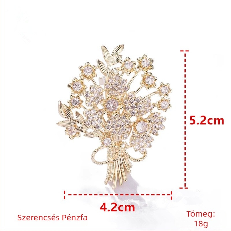 Kitűző Szerencsefa mintával, virág- és levél motívum, anyag: cink‑ötvözet, felületkezelés: elektroplatolás, stílus: pásztorális