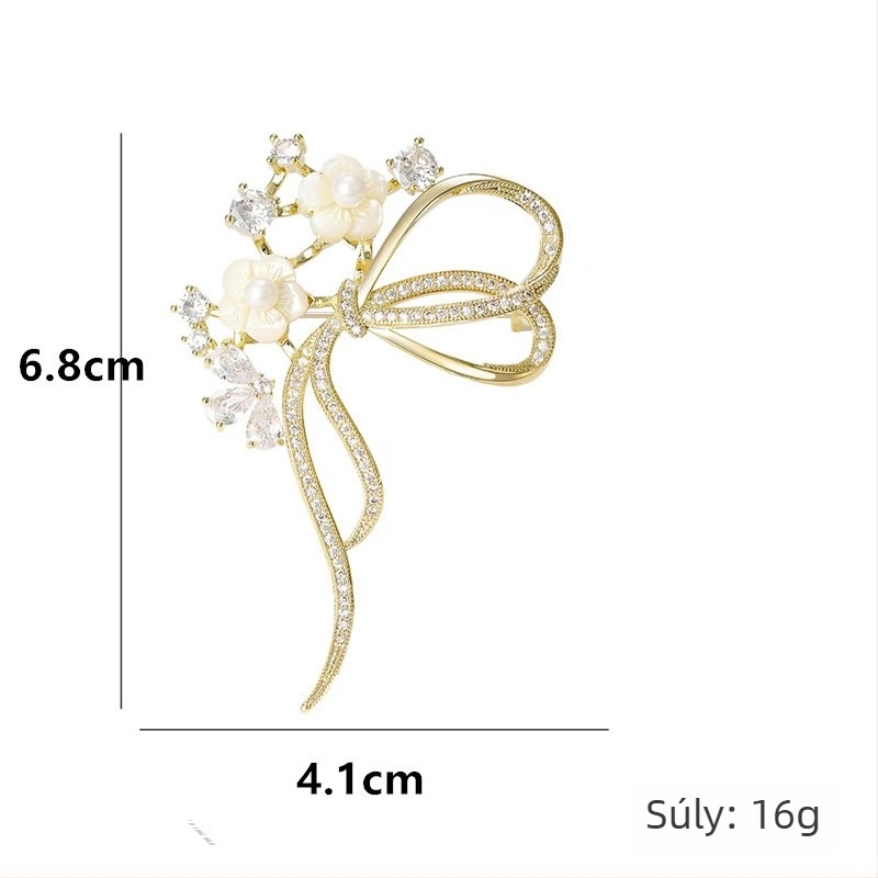 Brooch kagylóvirág motívummal, elektroplattált; formák: korona, virág, masni, levél; uniszex divatkiegészítő