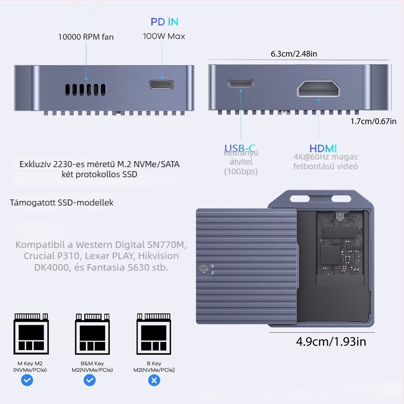 M.2 NVMe SSD ház, kettős protokoll támogatás, USB 3.2 Gen2, fém burkolat, 10Gbps átvitel, 1 év garancia
