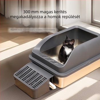 Rozsdamentes acél macska WC, nagy méret, alacsony belépő, kölyök macskáknak alkalmas, cseppmentes kialakítás, könnyen tisztítható