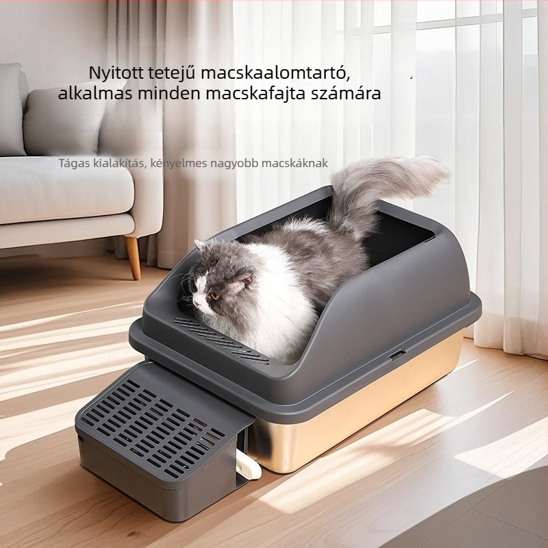 Rozsdamentes acél macska WC, nagy méret, alacsony belépő, kölyök macskáknak alkalmas, cseppmentes kialakítás, könnyen tisztítható
