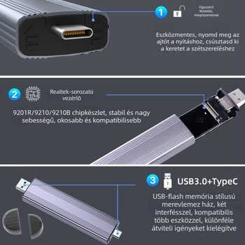 M.2 NVMe SSD külső tok, USB 3.2 Type-C, ABS-alumínium ötvözet, támogatja akár 8 TB-ig, 10 Gbps