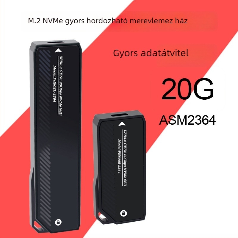 M.2 NVMe USB-C külső SSD ház kábellel, 4TB-ig, 20 Gbps, PH802-2364 modell (OEM)