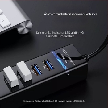 USB 3.0 1–4 hub adapter, USB buszról táplált, nyomtató és PC-hez