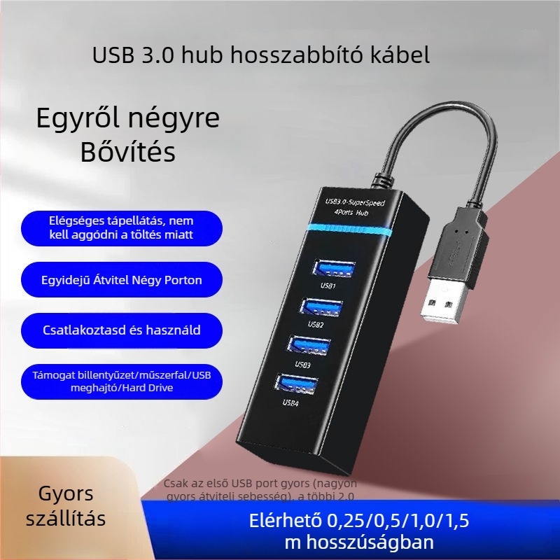 USB 3.0 1–4 hub adapter, USB buszról táplált, nyomtató és PC-hez