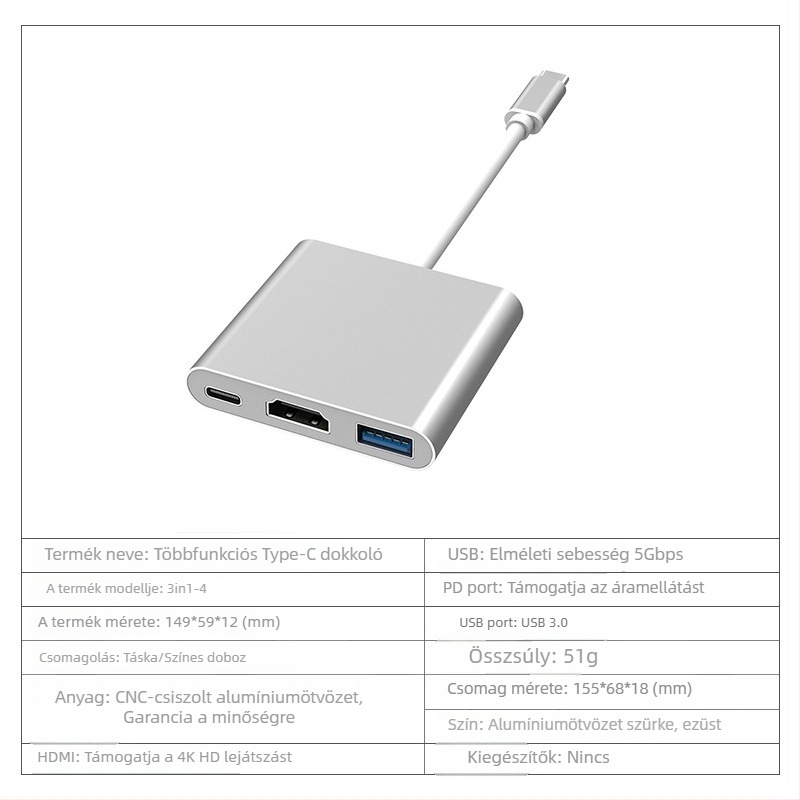 Type-C–HDMI 3-in-1 dokkoló állomás TV-hez és projektorhoz – HDMI kimenet, Type-C interfész, külső tápegység nélkül