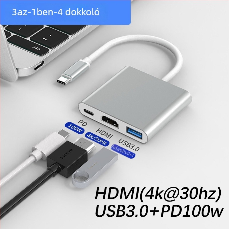 Type-C–HDMI 3-in-1 dokkoló állomás TV-hez és projektorhoz – HDMI kimenet, Type-C interfész, külső tápegység nélkül