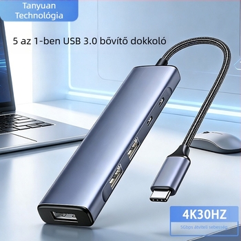 USB-C 5-1-es hub okostelehez és számítógépekhez, USB 3.0, átviteli sebesség akár 5 Gbps, külső tápegység, 18 cm kábel