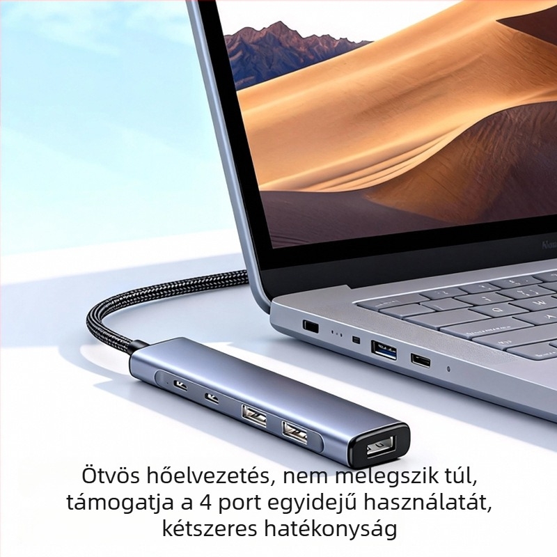 USB-C 5-1-es hub okostelehez és számítógépekhez, USB 3.0, átviteli sebesség akár 5 Gbps, külső tápegység, 18 cm kábel