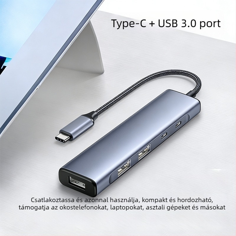 USB-C 5-1-es hub okostelehez és számítógépekhez, USB 3.0, átviteli sebesség akár 5 Gbps, külső tápegység, 18 cm kábel