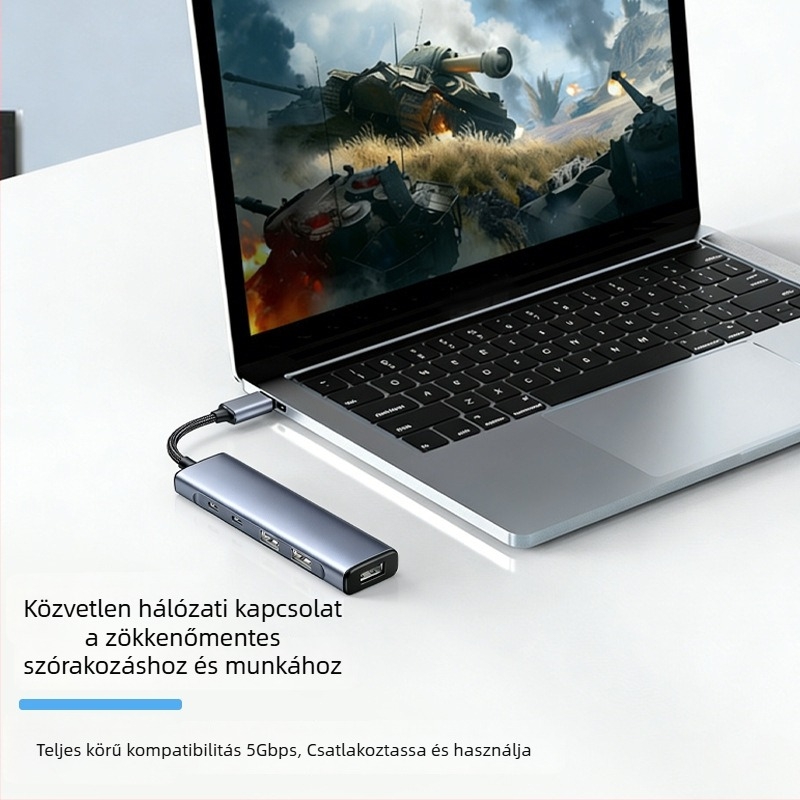 USB-C 5-1-es hub okostelehez és számítógépekhez, USB 3.0, átviteli sebesség akár 5 Gbps, külső tápegység, 18 cm kábel