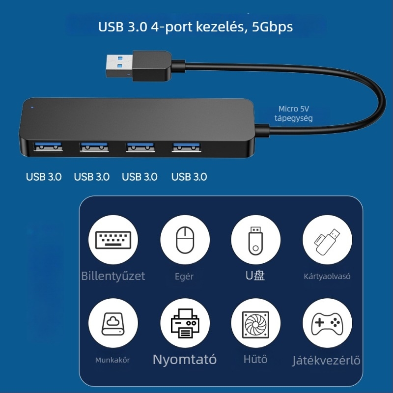 USB 3.0 hub, 4-portos osztó-dokk, One-to-Four dokkoló, 5Gbps, busz-powered, modell AB3-L42