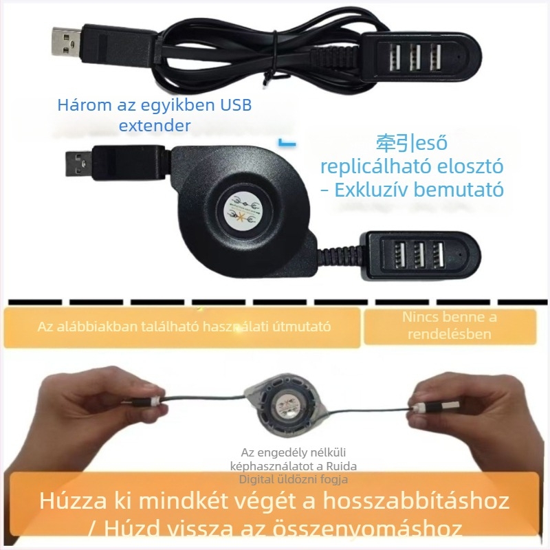 USB hub 1–3 porttal külső tápegységgel, USB 2.0 kábel 1 m