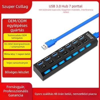 7-portos USB 3.0 hub független kapcsolókkal, külső tápegység