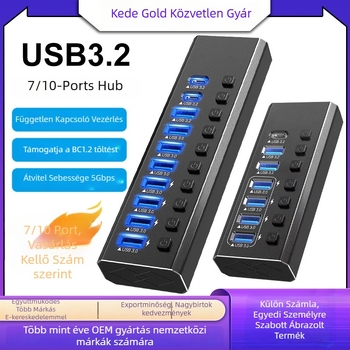 USB 3.0 10-portos dokkolóállomás külső tápegységgel, 5 Gbps átviteli sebesség, 1 m kábellel