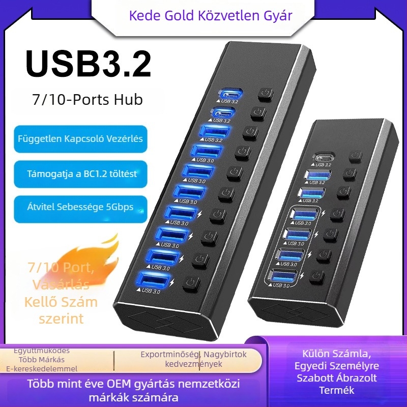 USB 3.0 10-portos dokkolóállomás külső tápegységgel, 5 Gbps átviteli sebesség, 1 m kábellel