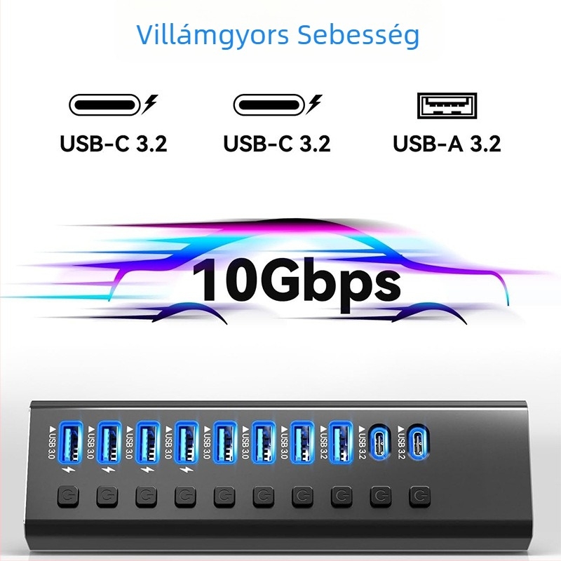 USB 3.0 10-portos dokkolóállomás külső tápegységgel, 5 Gbps átviteli sebesség, 1 m kábellel